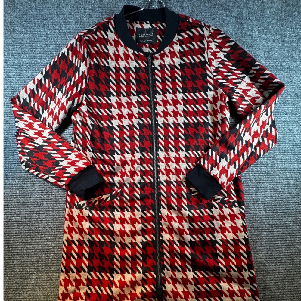 Sanctuary Women's Bomber Jacket Red Black Houndstooth Full Zip Size Medium